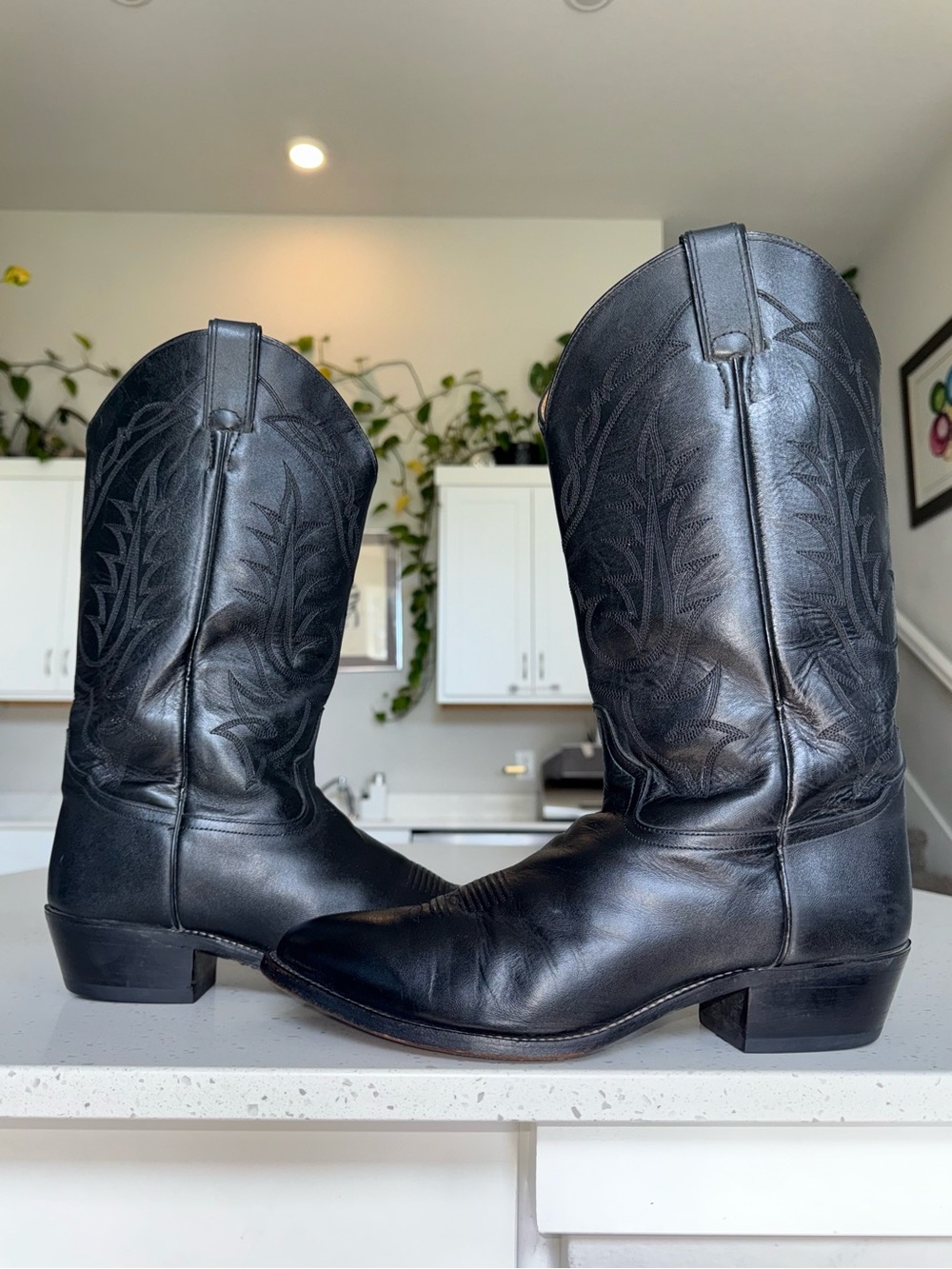 Tony Lama Black Multi-Row Stitched  Leather Western Boots